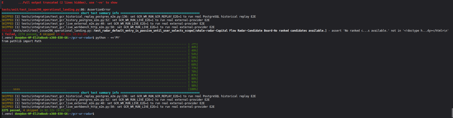 Terminal evidence showing a failing test followed by 2275 deterministic regression tests passed with four environment-dependent validations opt-in